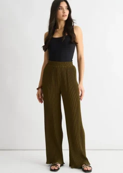Gini London Olive Plisse Loungewear Wide Leg Trouser