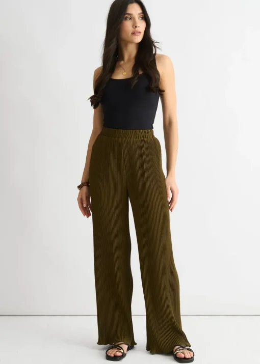 Gini London Olive Plisse Loungewear Wide Leg Trouser