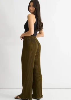 Gini London Olive Plisse Loungewear Wide Leg Trouser