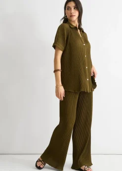 Gini London Olive Plisse Loungewear Wide Leg Trouser