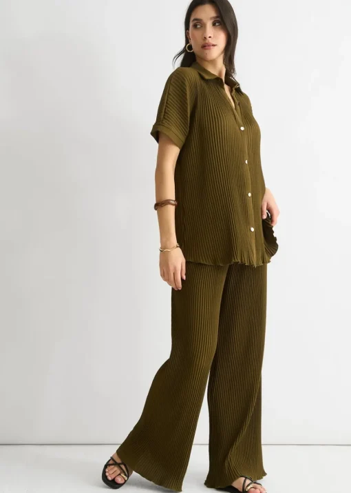 Gini London Olive Plisse Loungewear Wide Leg Trouser