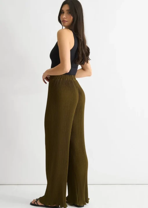 Gini London Olive Plisse Loungewear Wide Leg Trouser