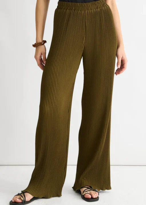 Gini London Olive Plisse Loungewear Wide Leg Trouser