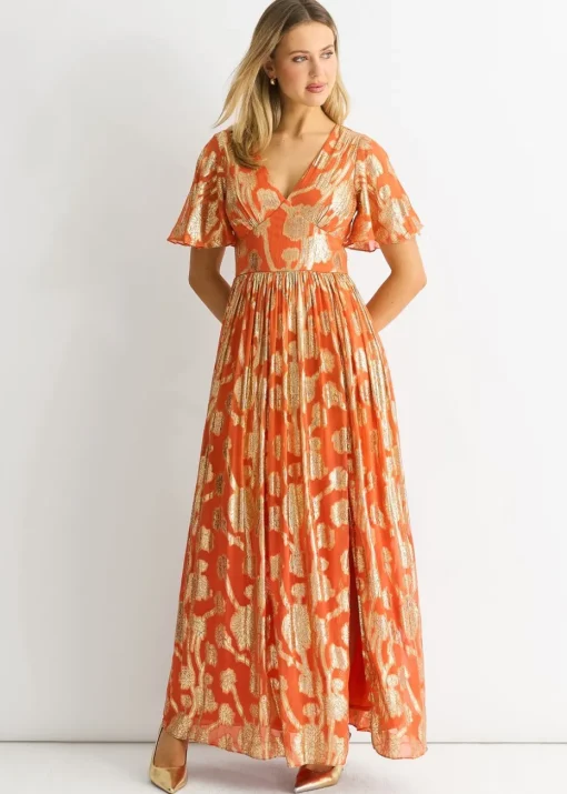 Gini London Orange Metallic Jacquard Flutter Sleeves Maxi Dress