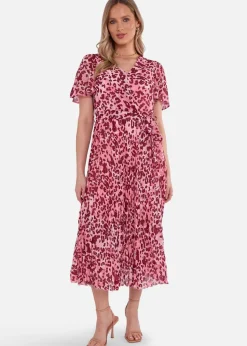 Gini London Pink Animal Print Wrap Pleated Midi Dress