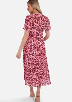 Gini London Pink Animal Print Wrap Pleated Midi Dress