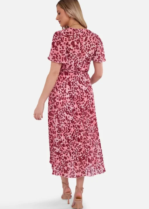 Gini London Pink Animal Print Wrap Pleated Midi Dress