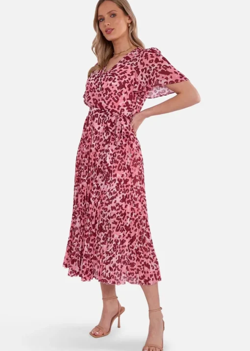 Gini London Pink Animal Print Wrap Pleated Midi Dress