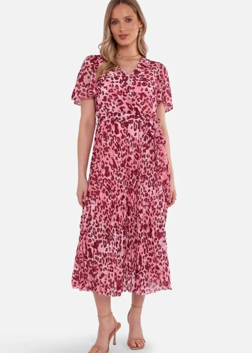 Gini London Pink Animal Print Wrap Pleated Midi Dress