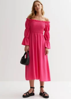 Gini London Pink Textured Shirred Top Smock Midi Dress