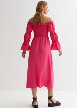 Gini London Pink Textured Shirred Top Smock Midi Dress
