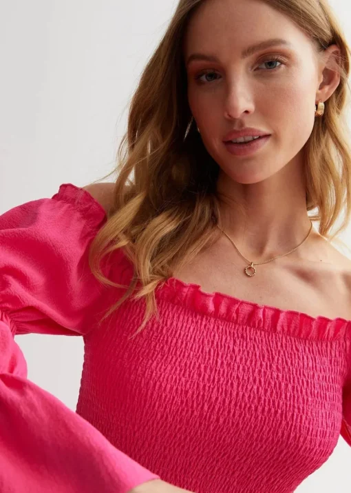 Gini London Pink Textured Shirred Top Smock Midi Dress