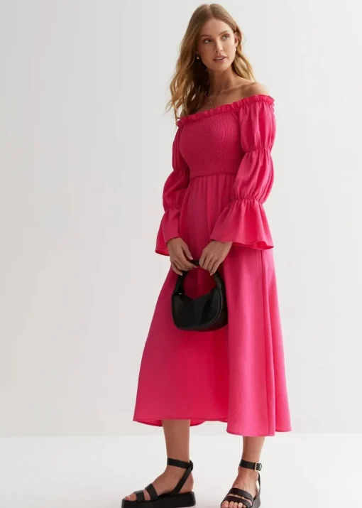 Gini London Pink Textured Shirred Top Smock Midi Dress