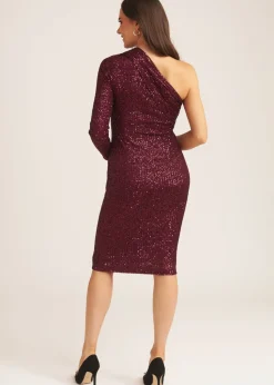 Gini London Plum One Shoulder Draped Sequin Midi Dress