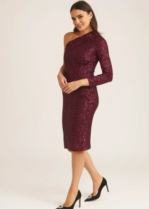 Gini London Plum One Shoulder Draped Sequin Midi Dress