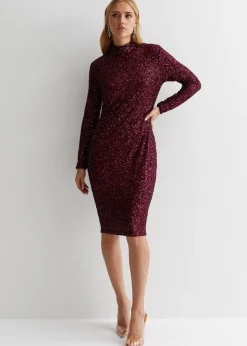Gini London Plum Sequin High Neck Bodycon Dress