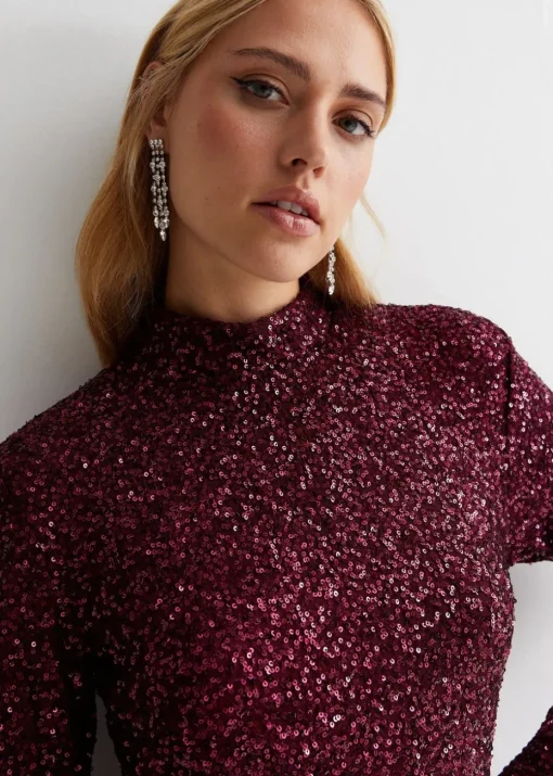 Gini London Plum Sequin High Neck Bodycon Dress