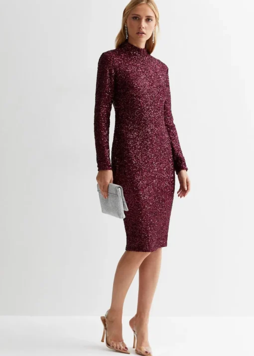 Gini London Plum Sequin High Neck Bodycon Dress