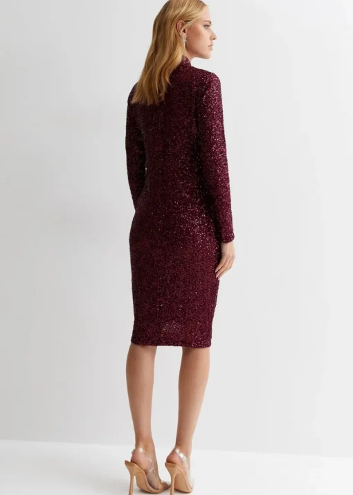 Gini London Plum Sequin High Neck Bodycon Dress