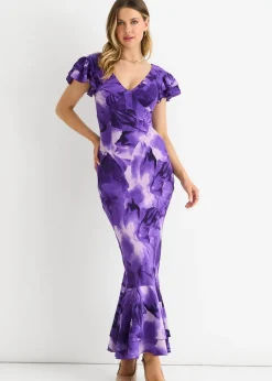 Gini London Purple Watercolour Floral Maxi Dress