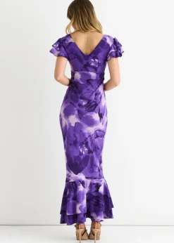 Gini London Purple Watercolour Floral Maxi Dress