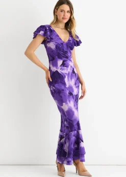 Gini London Purple Watercolour Floral Maxi Dress