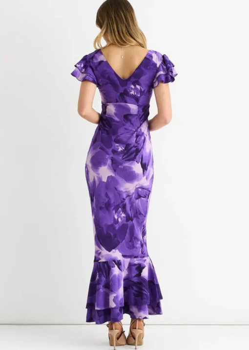 Gini London Purple Watercolour Floral Maxi Dress