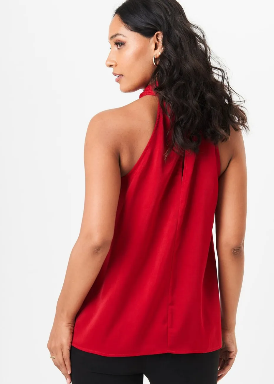 Gini London Red Corsage Frill Halter Neck Top