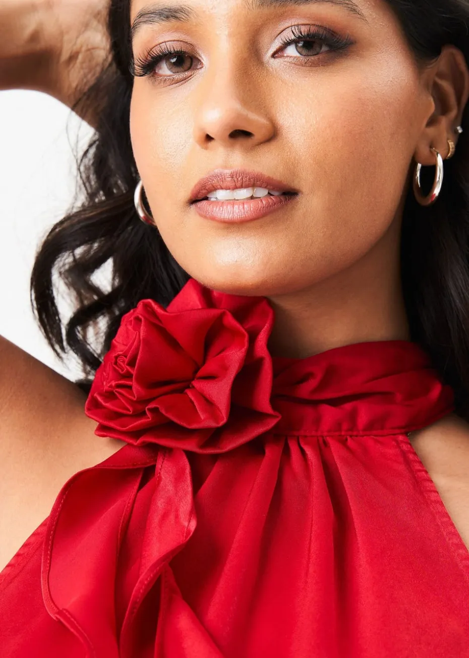 Gini London Red Corsage Frill Halter Neck Top