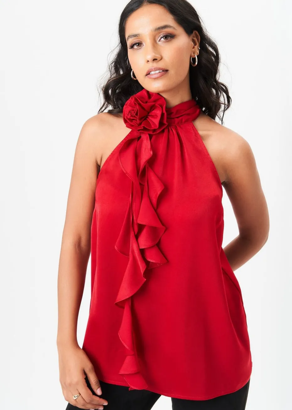 Gini London Red Corsage Frill Halter Neck Top