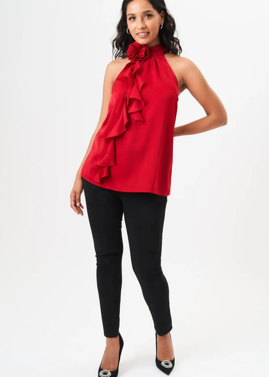 Gini London Red Corsage Frill Halter Neck Top