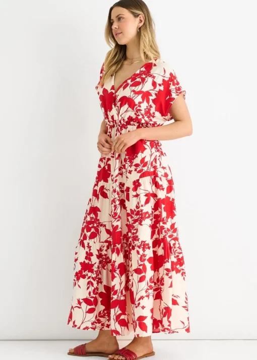 Gini London Red Floral Elastic Waist Maxi Dress
