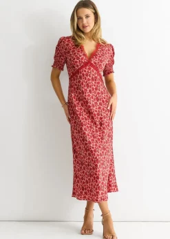 Gini London Red Floral Lace Trim V Neck Midi Dress