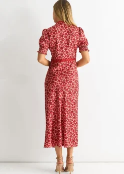Gini London Red Floral Lace Trim V Neck Midi Dress