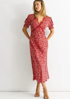 Gini London Red Floral Lace Trim V Neck Midi Dress