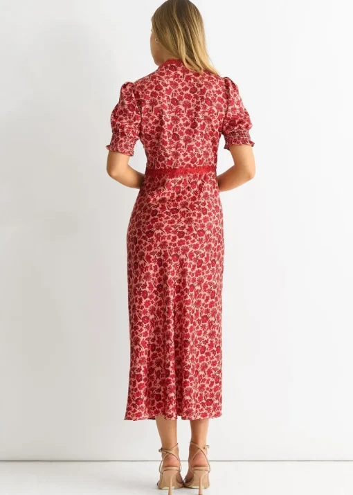 Gini London Red Floral Lace Trim V Neck Midi Dress