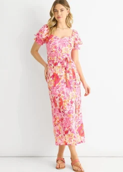 Gini London Red Floral Puff Sleeves Belted Midi Dress