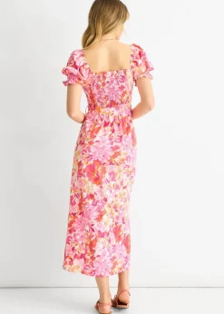 Gini London Red Floral Puff Sleeves Belted Midi Dress