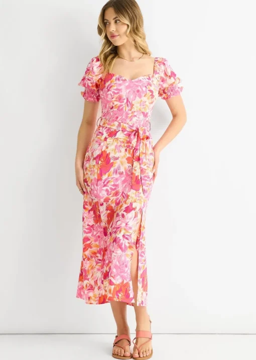 Gini London Red Floral Puff Sleeves Belted Midi Dress