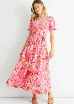 Gini London Red Floral Wrap Belted Midi Dress