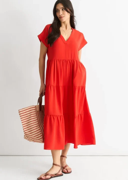 Gini London  Red V Neck Pocket Smock Midi Dress