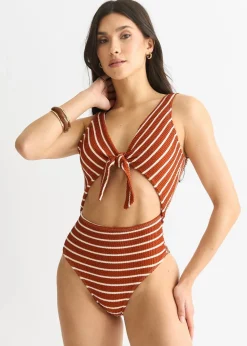 Gini London Rust & White Stripe Textured Tie Front Swimsuit