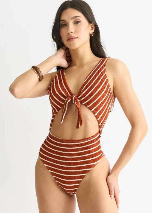 Gini London Rust & White Stripe Textured Tie Front Swimsuit