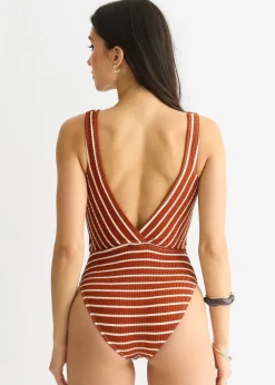 Gini London Rust & White Stripe Textured Tie Front Swimsuit