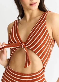 Gini London Rust & White Stripe Textured Tie Front Swimsuit