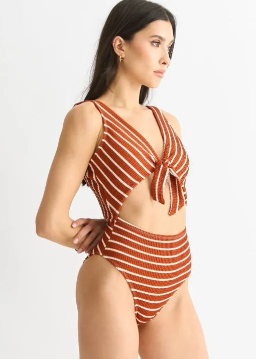 Gini London Rust & White Stripe Textured Tie Front Swimsuit