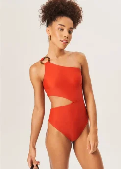 Gini London Rust One Shoulder Ring Detail Cutout Swimsuit