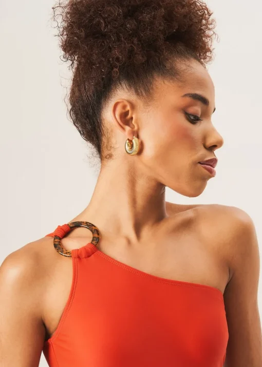Gini London Rust One Shoulder Ring Detail Cutout Swimsuit