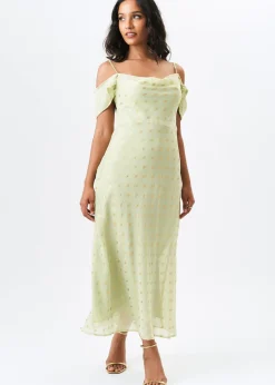 Gini London Sage Green Cowl Neck Drop Sleeves Foil Maxi Dress