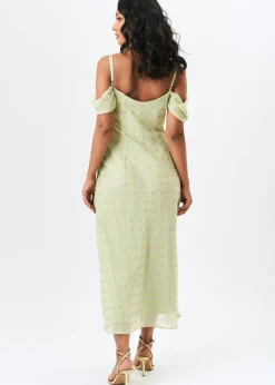 Gini London Sage Green Cowl Neck Drop Sleeves Foil Maxi Dress